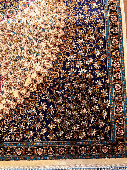 23” × 35” Luxury Turkish Silk Rug – Royal Navy Blue & Ivory Floral Medallion, Hereke-Inspired Oriental Accent Rug