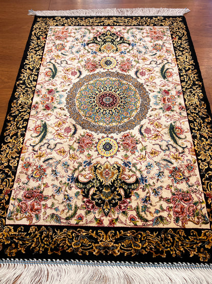 23” × 35” Luxury Turkish Silk Rug – Ivory & Black with Gold Floral Medallion, Hereke-Inspired Small Accent Rug