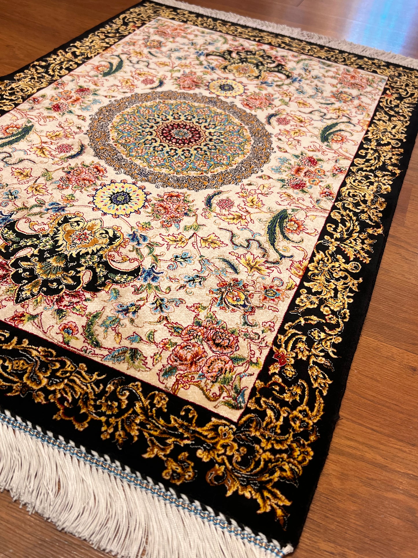 23” × 35” Luxury Turkish Silk Rug – Ivory & Black with Gold Floral Medallion, Hereke-Inspired Small Accent Rug