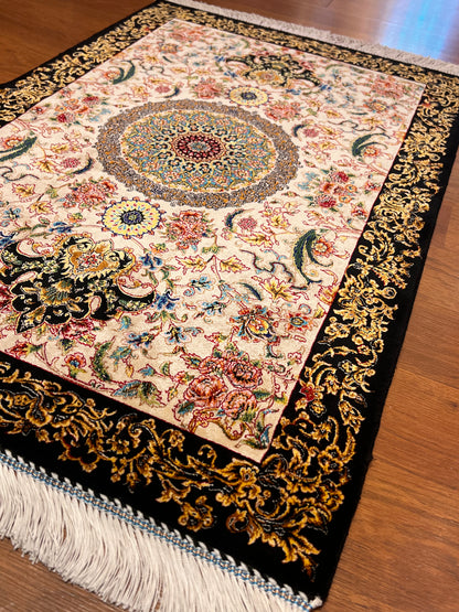 23” × 35” Luxury Turkish Silk Rug – Ivory & Black with Gold Floral Medallion, Hereke-Inspired Small Accent Rug