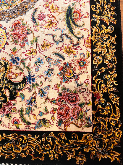23” × 35” Luxury Turkish Silk Rug – Ivory & Black with Gold Floral Medallion, Hereke-Inspired Small Accent Rug
