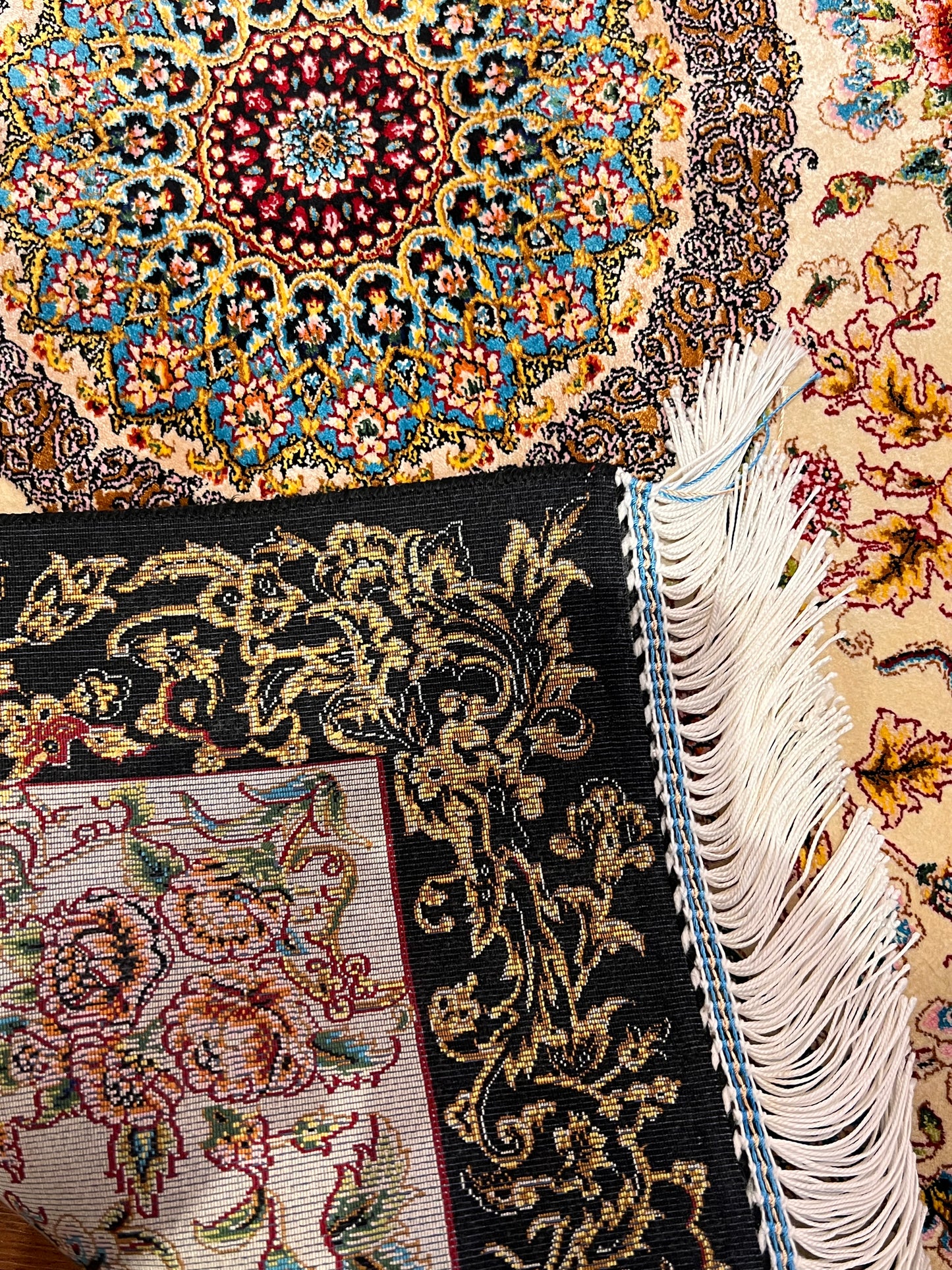 23” × 35” Luxury Turkish Silk Rug – Ivory & Black with Gold Floral Medallion, Hereke-Inspired Small Accent Rug