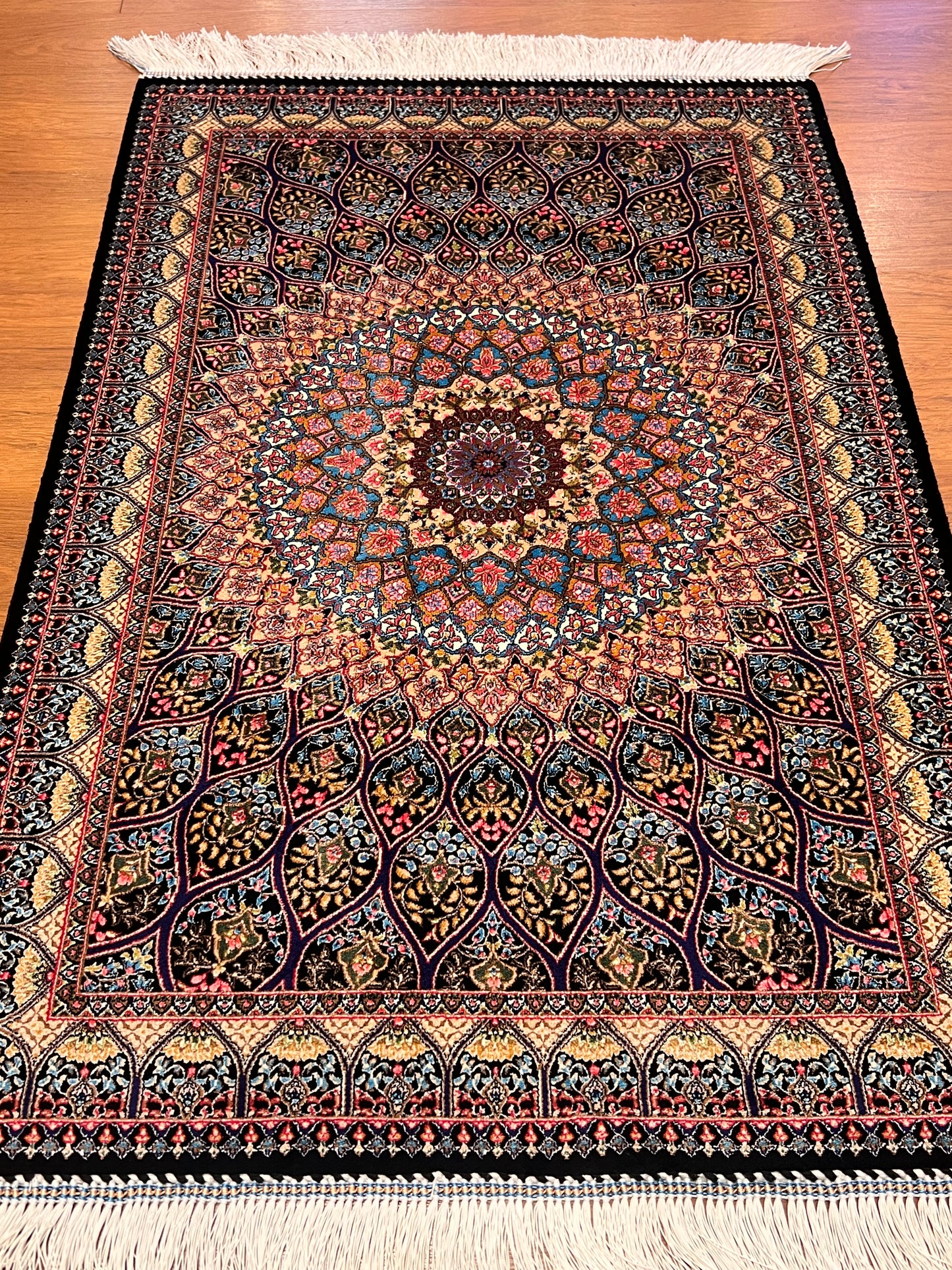 23” x 35” Luxury Turkish Silk Rug – Black Floral Medallion Design, Elegant Oriental Accent Rug with Handmade Fringe
