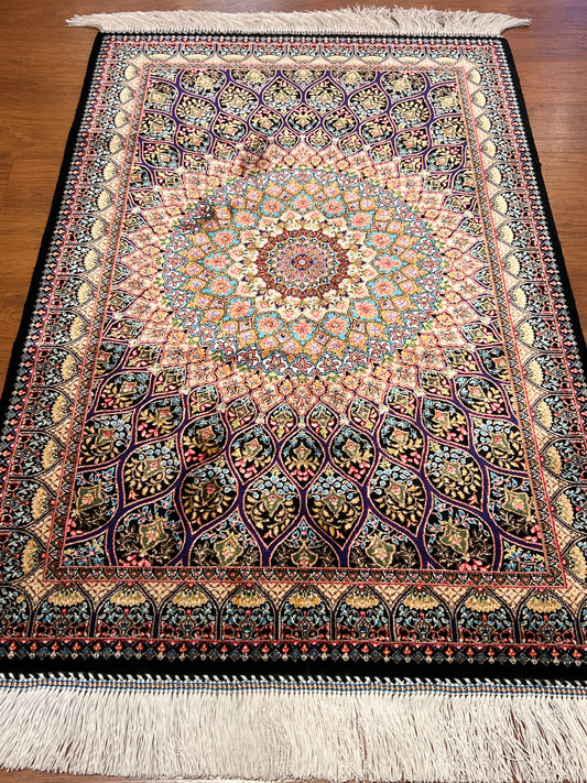 23” x 35” Luxury Turkish Silk Rug – Black Floral Medallion Design, Elegant Oriental Accent Rug with Handmade Fringe