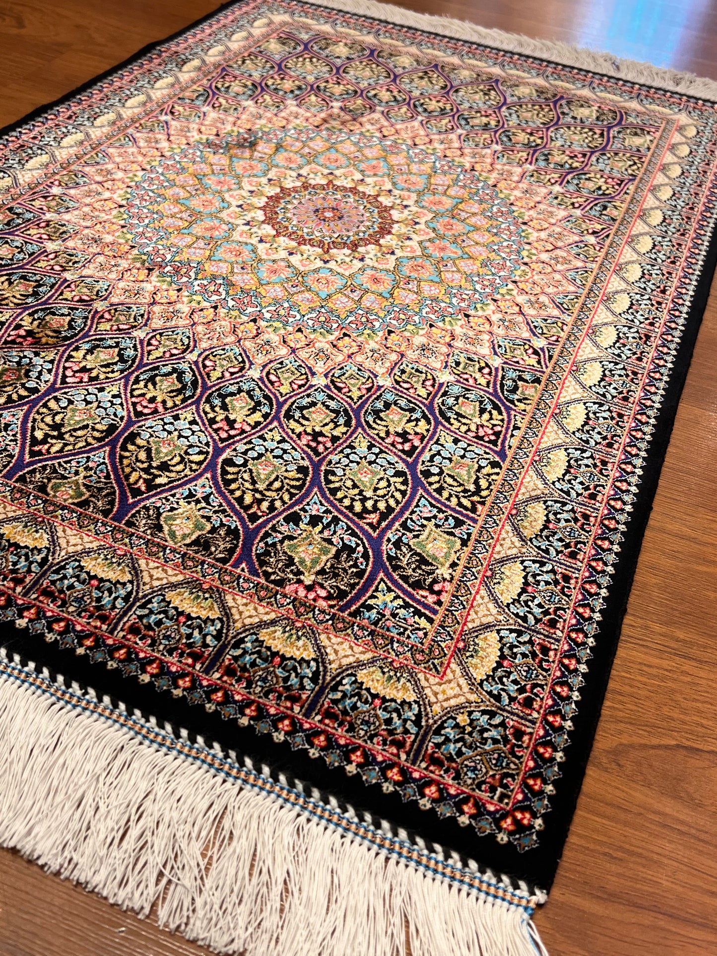 23” x 35” Luxury Turkish Silk Rug – Black Floral Medallion Design, Elegant Oriental Accent Rug with Handmade Fringe