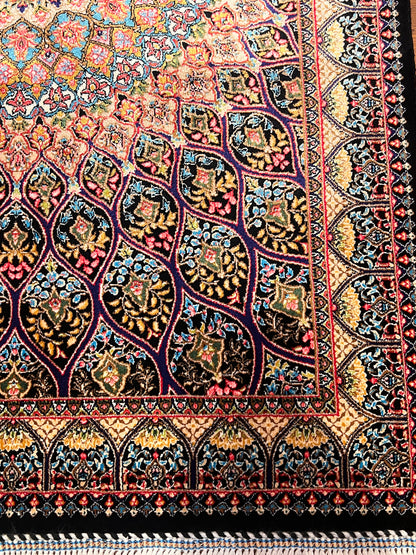 23” x 35” Luxury Turkish Silk Rug – Black Floral Medallion Design, Elegant Oriental Accent Rug with Handmade Fringe