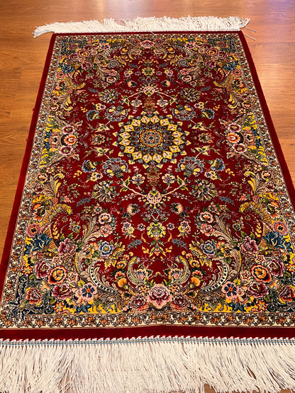 23” x 35” Luxury Turkish Silk Rug – Ruby Red Floral Medallion Design, Oriental Accent Rug with Hand-Finished Fringe
