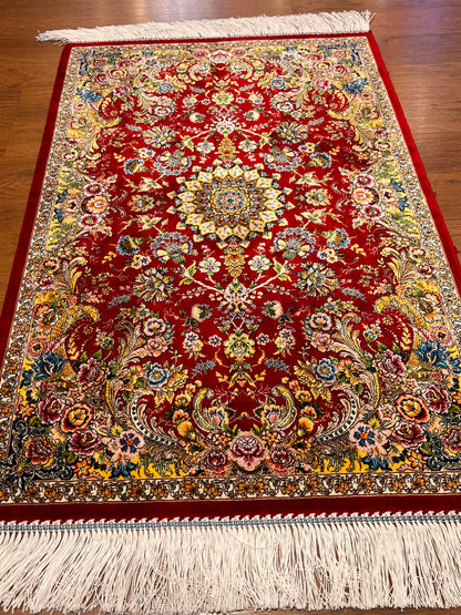 23” x 35” Luxury Turkish Silk Rug – Ruby Red Floral Medallion Design, Oriental Accent Rug with Hand-Finished Fringe