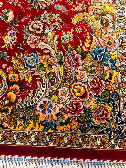 23” x 35” Luxury Turkish Silk Rug – Ruby Red Floral Medallion Design, Oriental Accent Rug with Hand-Finished Fringe