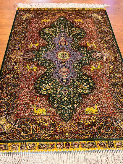 23” x 35” Luxury Turkish Silk Rug – Emerald Green & Gold Oriental Medallion Rug, Traditional Floral Accent Rug with Handmade Fringe