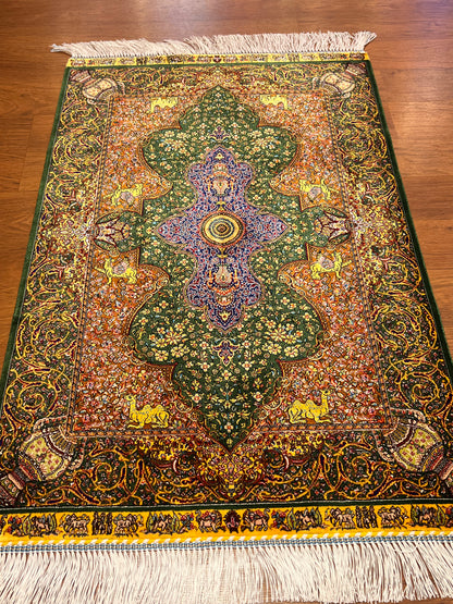 23” x 35” Luxury Turkish Silk Rug – Emerald Green & Gold Oriental Medallion Rug, Traditional Floral Accent Rug with Handmade Fringe