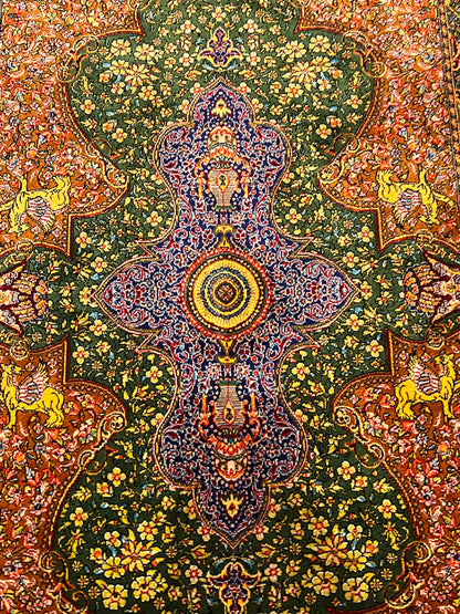 23” x 35” Luxury Turkish Silk Rug – Emerald Green & Gold Oriental Medallion Rug, Traditional Floral Accent Rug with Handmade Fringe