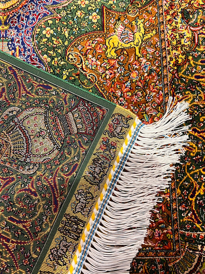 23” x 35” Luxury Turkish Silk Rug – Emerald Green & Gold Oriental Medallion Rug, Traditional Floral Accent Rug with Handmade Fringe