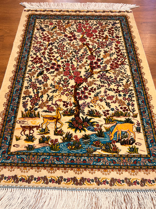 23” x 35” Luxury Turkish Silk Rug – Ivory Tree of Life with Deer & Birds, Floral Oriental Accent Rug with Hand-Finished Fringe