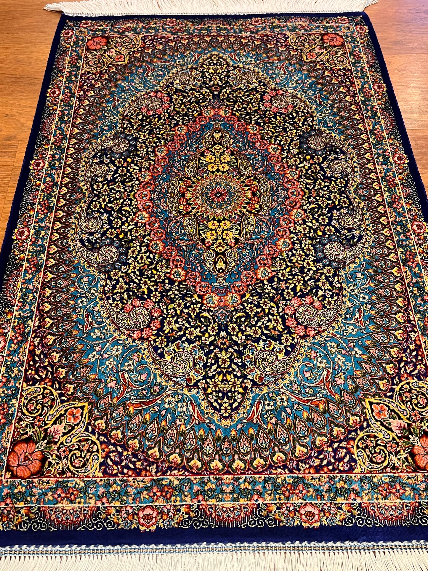 23” x 35” Luxury Turkish Silk Rug – Royal Blue & Turquoise Floral Medallion, Elegant Oriental Accent Rug with Handmade Fringe
