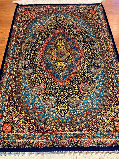 23” x 35” Luxury Turkish Silk Rug – Royal Blue & Turquoise Floral Medallion, Elegant Oriental Accent Rug with Handmade Fringe
