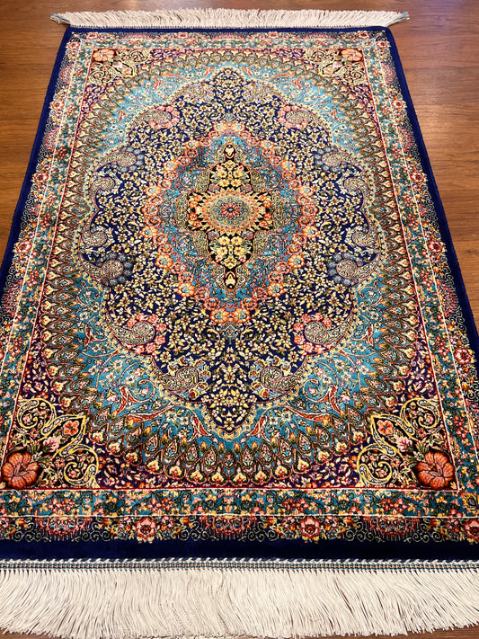23” x 35” Luxury Turkish Silk Rug – Royal Blue & Turquoise Floral Medallion, Elegant Oriental Accent Rug with Handmade Fringe