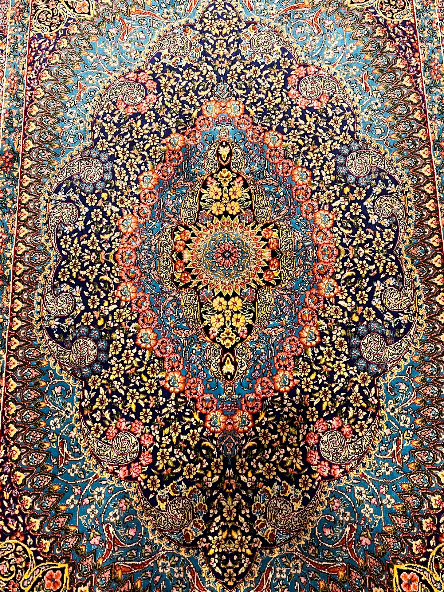 23” x 35” Luxury Turkish Silk Rug – Royal Blue & Turquoise Floral Medallion, Elegant Oriental Accent Rug with Handmade Fringe