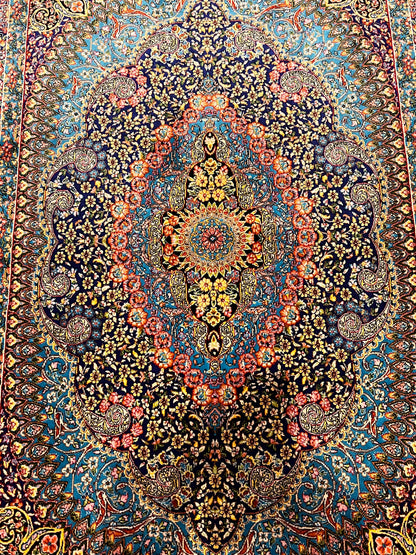 23” x 35” Luxury Turkish Silk Rug – Royal Blue & Turquoise Floral Medallion, Elegant Oriental Accent Rug with Handmade Fringe