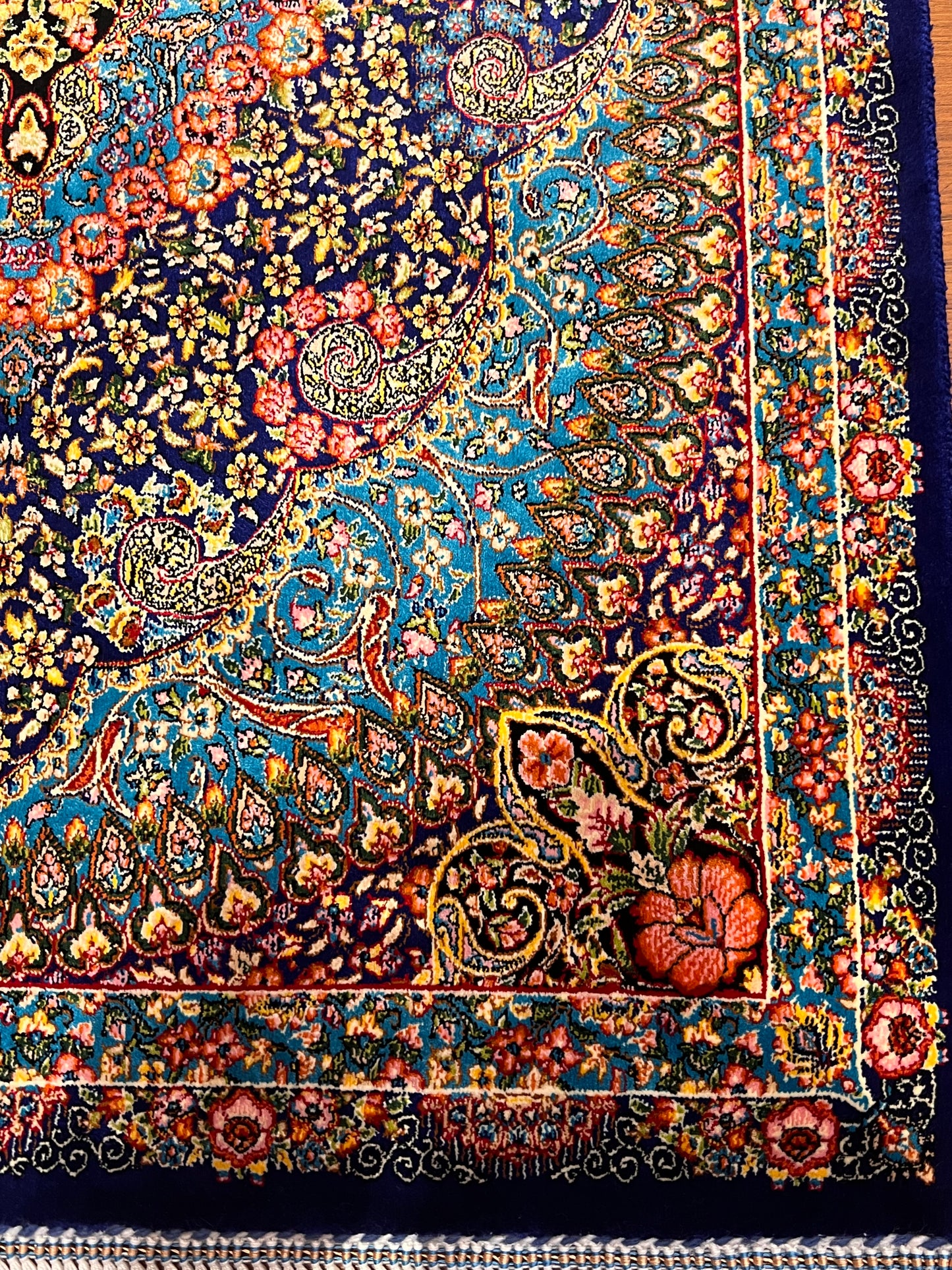 23” x 35” Luxury Turkish Silk Rug – Royal Blue & Turquoise Floral Medallion, Elegant Oriental Accent Rug with Handmade Fringe