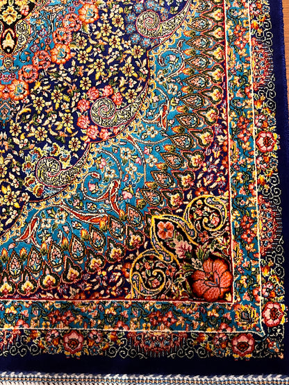 23” x 35” Luxury Turkish Silk Rug – Royal Blue & Turquoise Floral Medallion, Elegant Oriental Accent Rug with Handmade Fringe