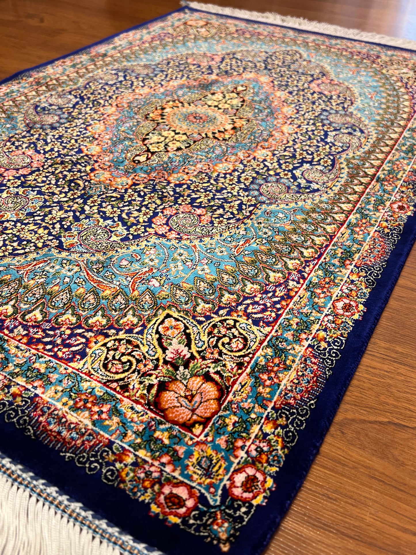 23” x 35” Luxury Turkish Silk Rug – Royal Blue & Turquoise Floral Medallion, Elegant Oriental Accent Rug with Handmade Fringe