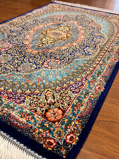 23” x 35” Luxury Turkish Silk Rug – Royal Blue & Turquoise Floral Medallion, Elegant Oriental Accent Rug with Handmade Fringe