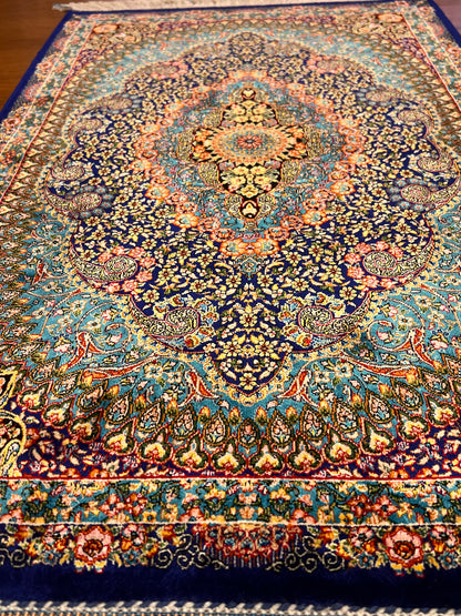 23” x 35” Luxury Turkish Silk Rug – Royal Blue & Turquoise Floral Medallion, Elegant Oriental Accent Rug with Handmade Fringe