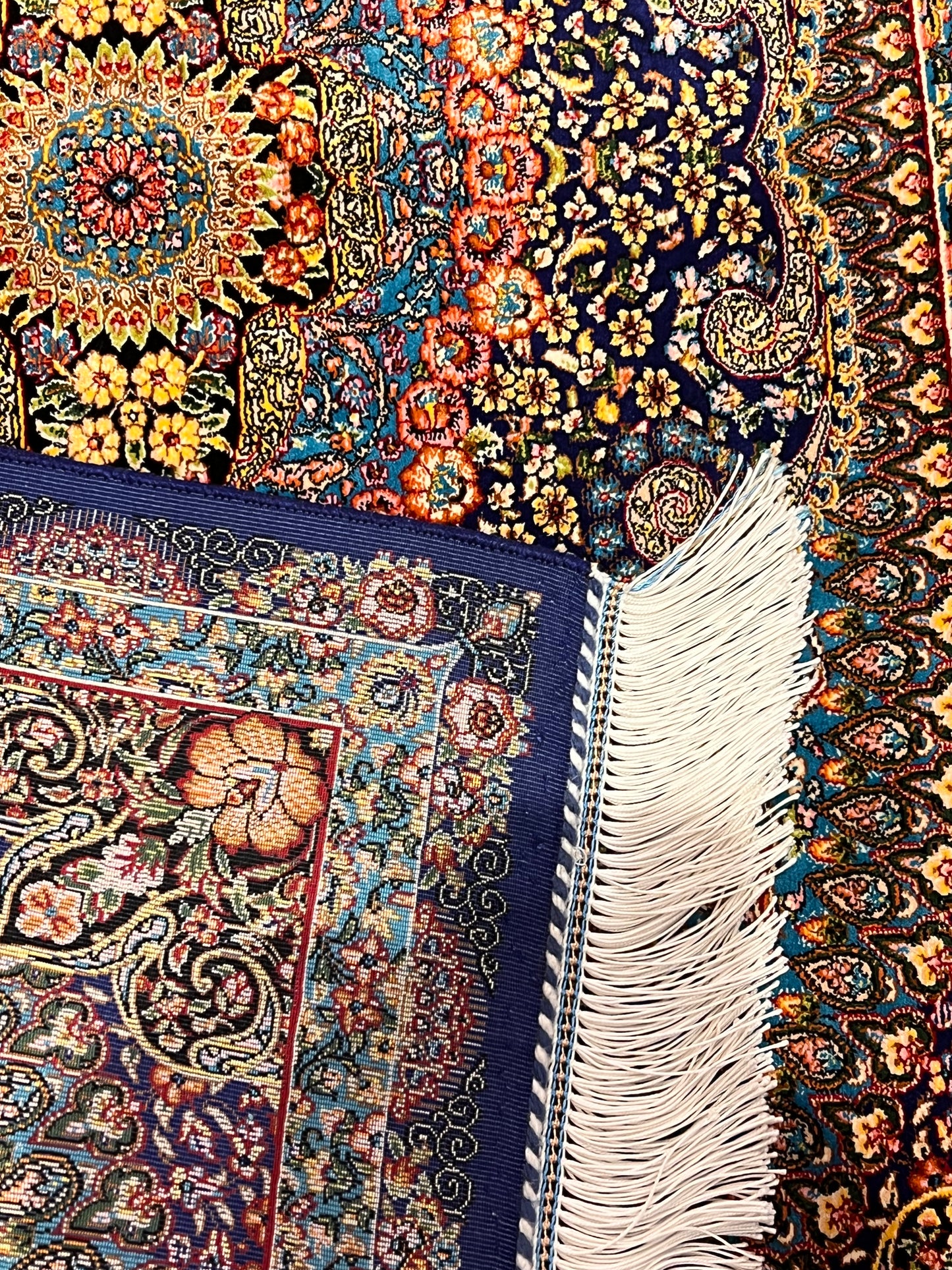 23” x 35” Luxury Turkish Silk Rug – Royal Blue & Turquoise Floral Medallion, Elegant Oriental Accent Rug with Handmade Fringe