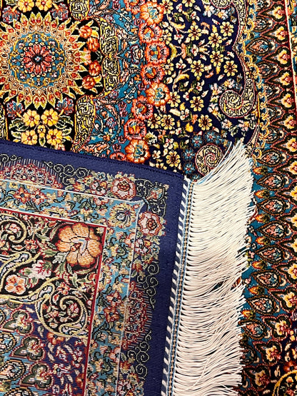 23” x 35” Luxury Turkish Silk Rug – Royal Blue & Turquoise Floral Medallion, Elegant Oriental Accent Rug with Handmade Fringe