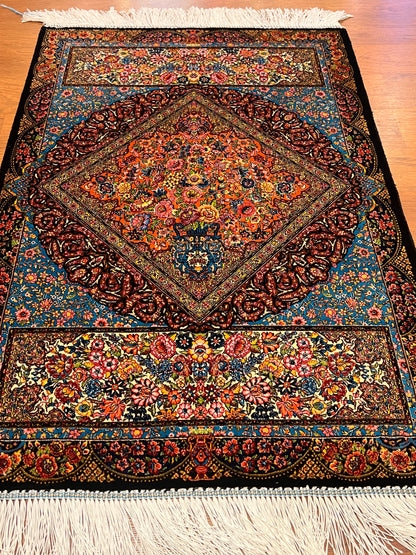 23” x 35” Luxury Turkish Silk Rug – Elegant Floral Medallion Design, Black & Turquoise Blue Accent Rug