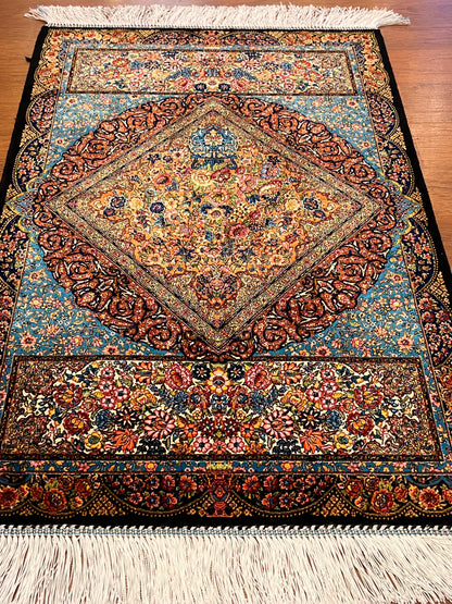23” x 35” Luxury Turkish Silk Rug – Elegant Floral Medallion Design, Black & Turquoise Blue Accent Rug