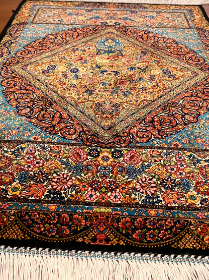 23” x 35” Luxury Turkish Silk Rug – Elegant Floral Medallion Design, Black & Turquoise Blue Accent Rug