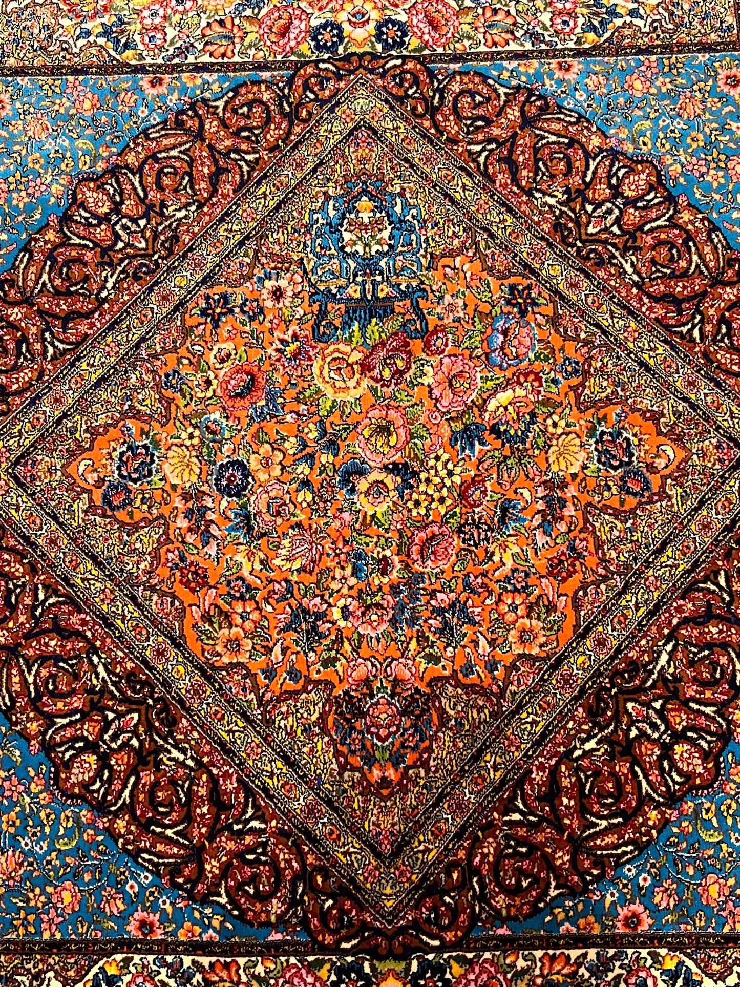 23” x 35” Luxury Turkish Silk Rug – Elegant Floral Medallion Design, Black & Turquoise Blue Accent Rug