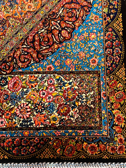 23” x 35” Luxury Turkish Silk Rug – Elegant Floral Medallion Design, Black & Turquoise Blue Accent Rug