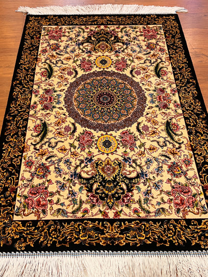 23” × 35” Luxury Turkish Silk Rug – Ivory & Black Floral Medallion Design, Elegant Small Accent Rug