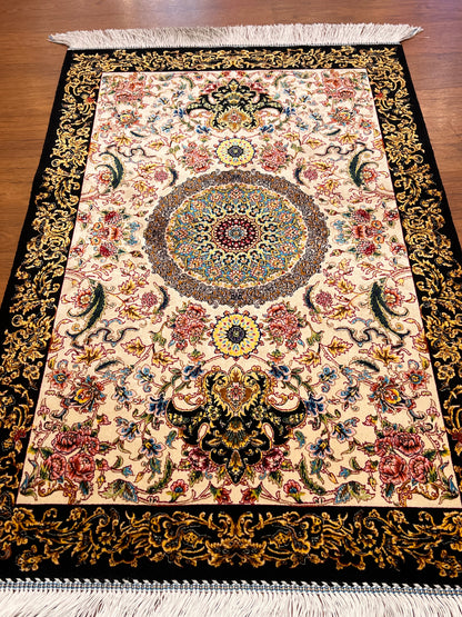 23” × 35” Luxury Turkish Silk Rug – Ivory & Black Floral Medallion Design, Elegant Small Accent Rug