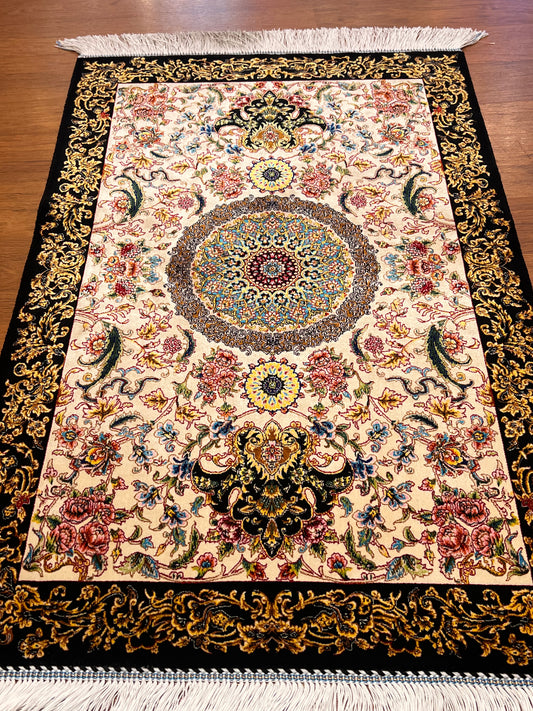 23” × 35” Luxury Turkish Silk Rug – Ivory & Black Floral Medallion Design, Elegant Small Accent Rug