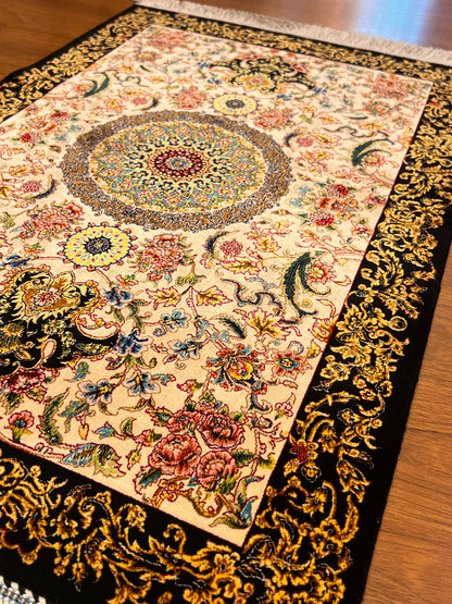 23” × 35” Luxury Turkish Silk Rug – Ivory & Black Floral Medallion Design, Elegant Small Accent Rug