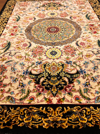 23” × 35” Luxury Turkish Silk Rug – Ivory & Black Floral Medallion Design, Elegant Small Accent Rug