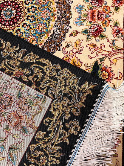 23” × 35” Luxury Turkish Silk Rug – Ivory & Black Floral Medallion Design, Elegant Small Accent Rug