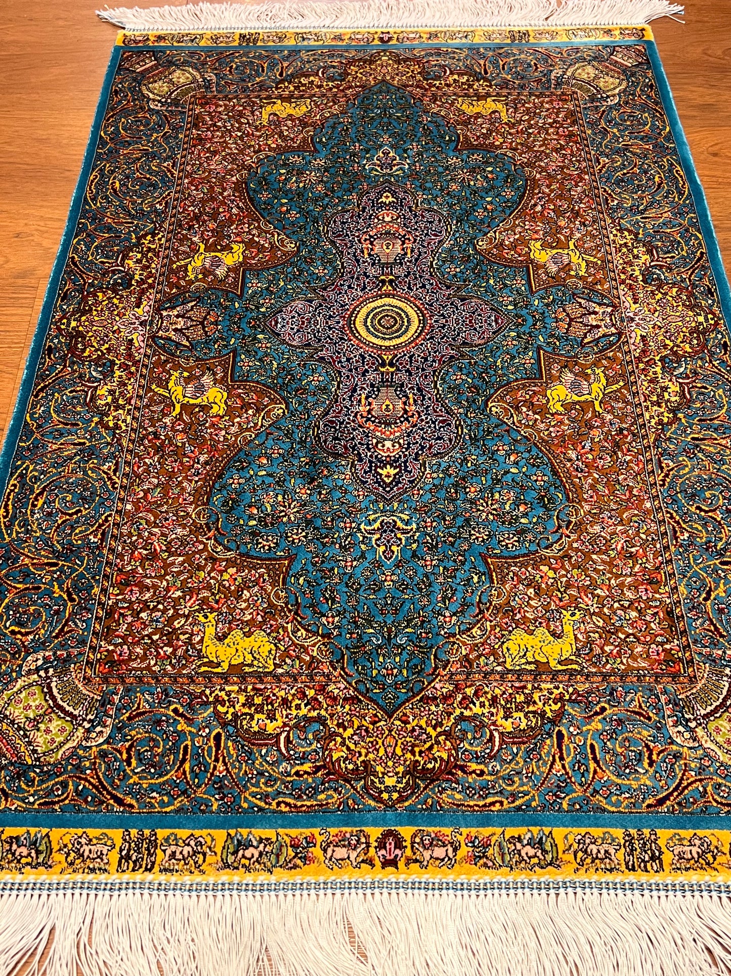 23” × 35” Luxury Turkish Bamboo Silk Rug – Turquoise Blue & Gold, Ornate Floral Medallion Accent Rug