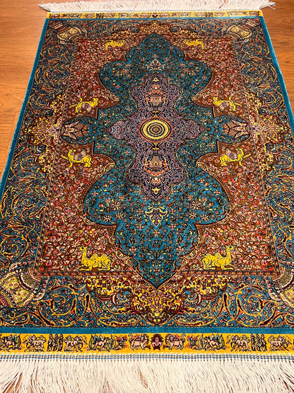 23” × 35” Luxury Turkish Bamboo Silk Rug – Turquoise Blue & Gold, Ornate Floral Medallion Accent Rug