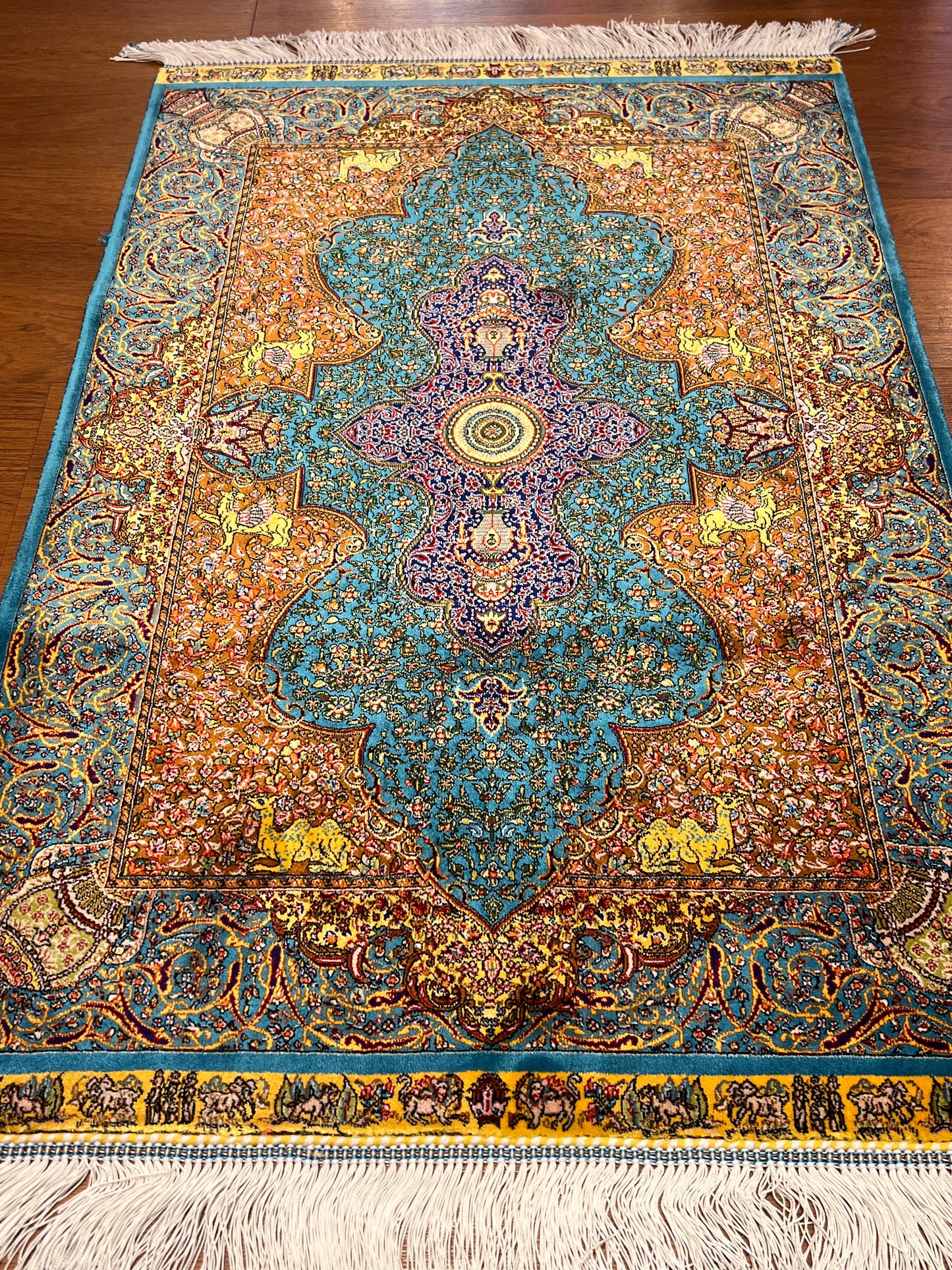 23” × 35” Luxury Turkish Bamboo Silk Rug – Turquoise Blue & Gold, Ornate Floral Medallion Accent Rug