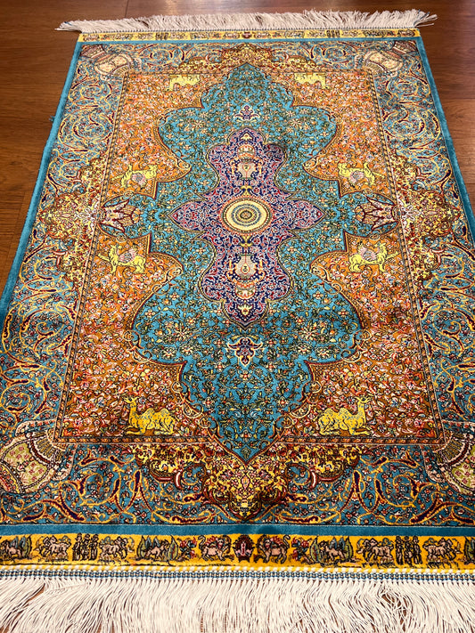 23” × 35” Luxury Turkish Bamboo Silk Rug – Turquoise Blue & Gold, Ornate Floral Medallion Accent Rug