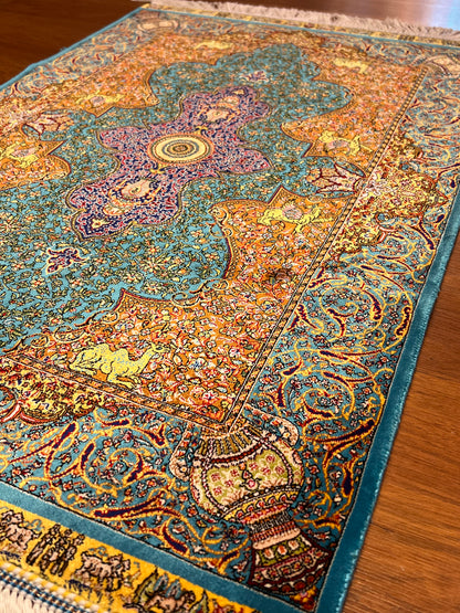 23” × 35” Luxury Turkish Bamboo Silk Rug – Turquoise Blue & Gold, Ornate Floral Medallion Accent Rug
