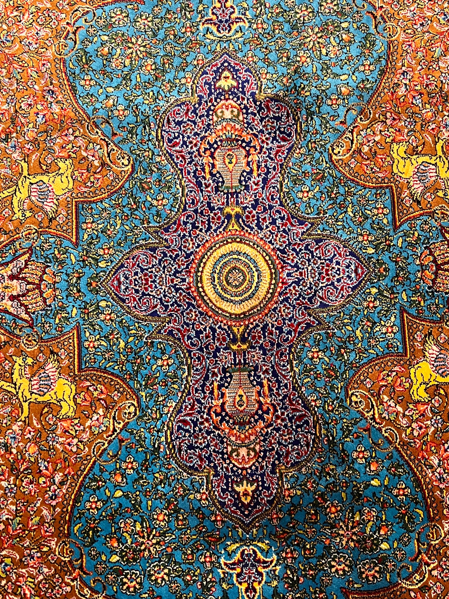 23” × 35” Luxury Turkish Bamboo Silk Rug – Turquoise Blue & Gold, Ornate Floral Medallion Accent Rug