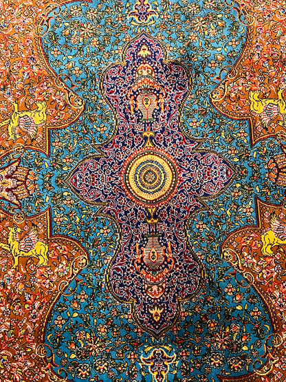 23” × 35” Luxury Turkish Bamboo Silk Rug – Turquoise Blue & Gold, Ornate Floral Medallion Accent Rug