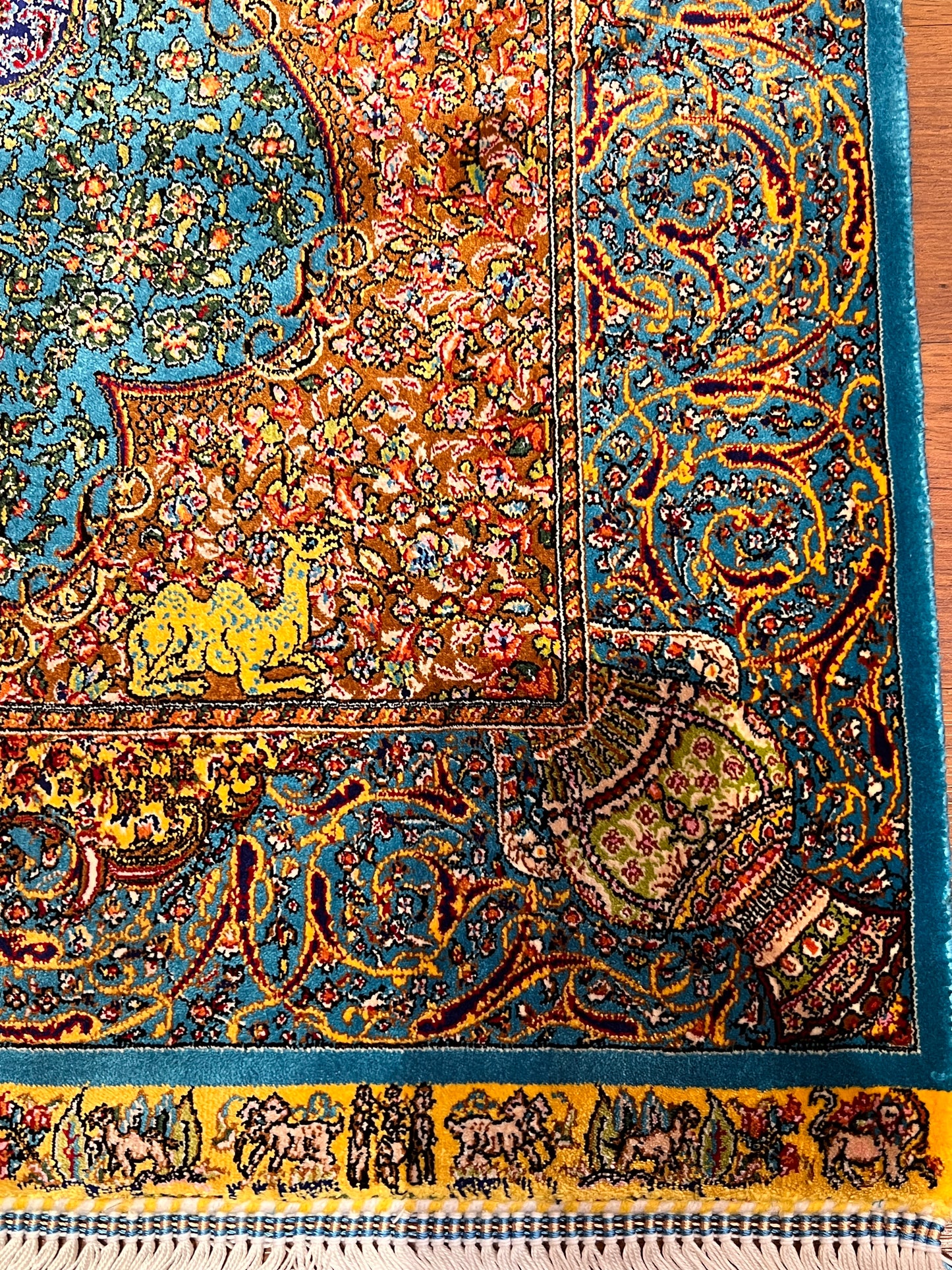 23” × 35” Luxury Turkish Bamboo Silk Rug – Turquoise Blue & Gold, Ornate Floral Medallion Accent Rug