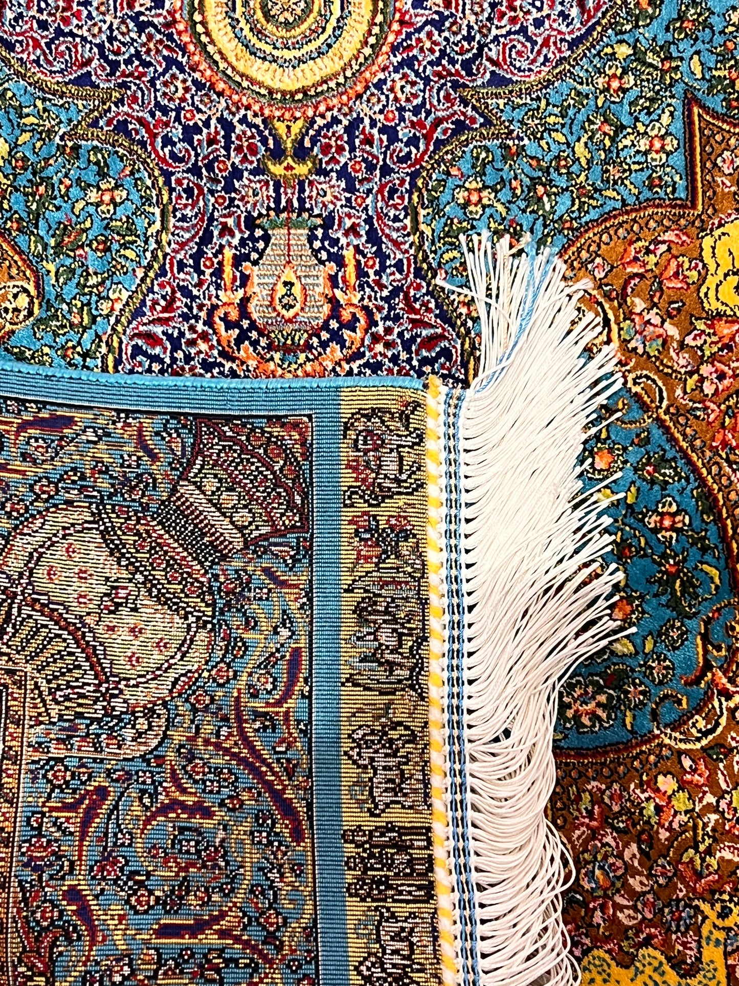 23” × 35” Luxury Turkish Bamboo Silk Rug – Turquoise Blue & Gold, Ornate Floral Medallion Accent Rug